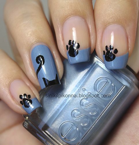 Creative Blue cat and paw nail design