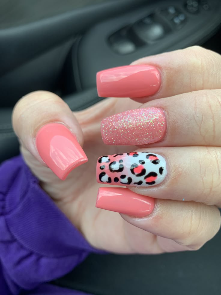 Coral leopard print nails