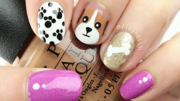 Dog themed animal print nails with glitter.