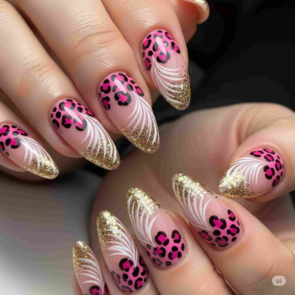Gold glitter, white feather-like strokes, and leopard print