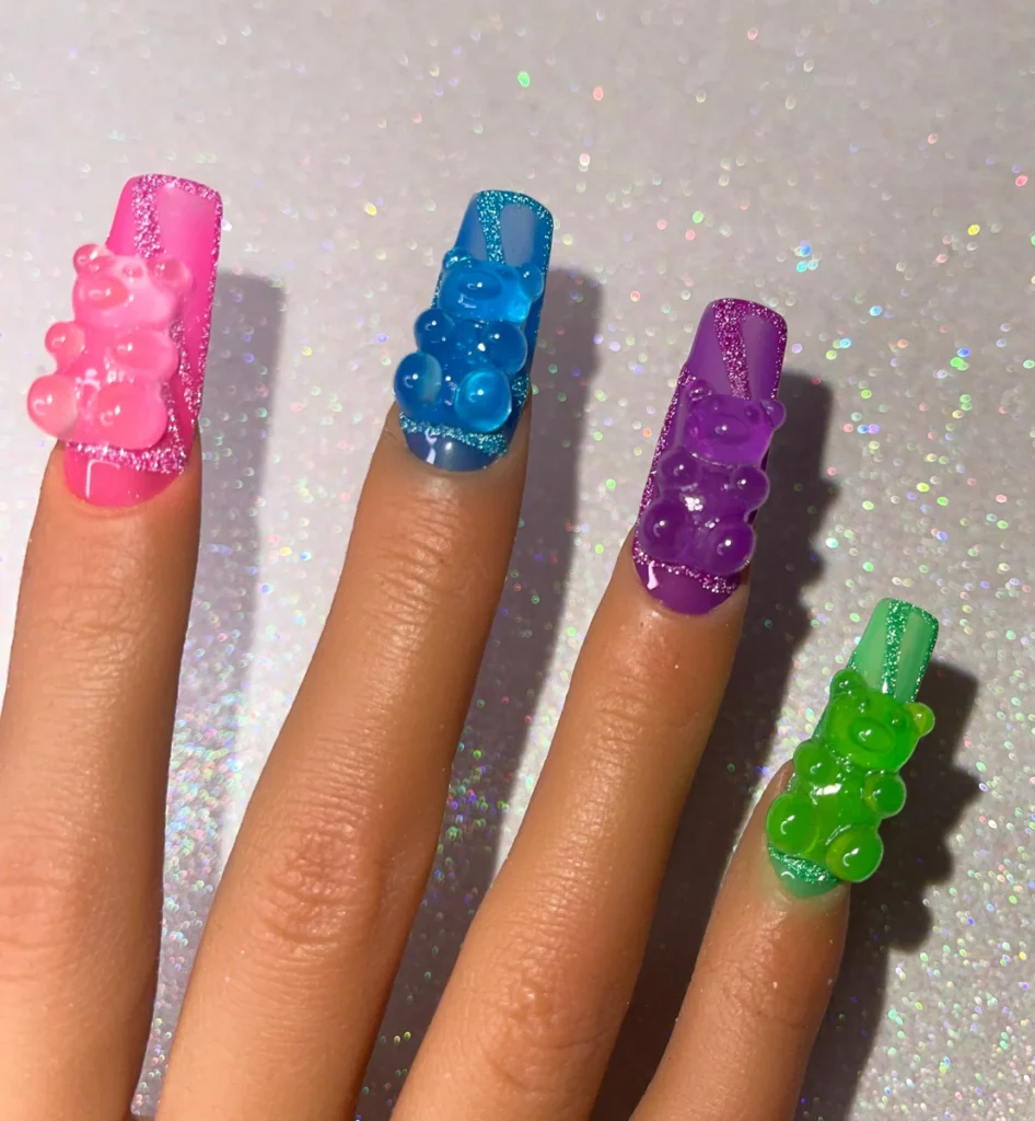 Gummy bear colorful gel nail art for summer holidays