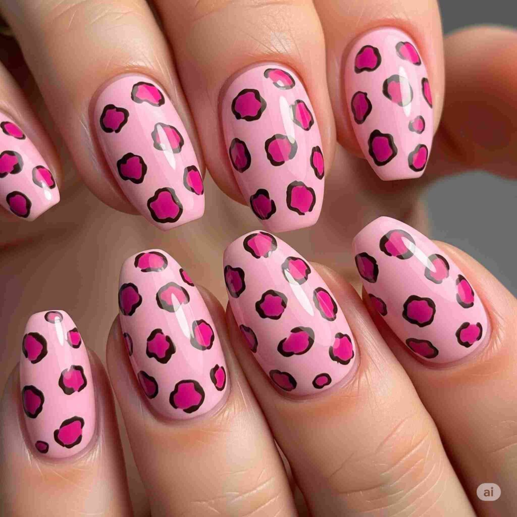 Light pink nails with leopard design