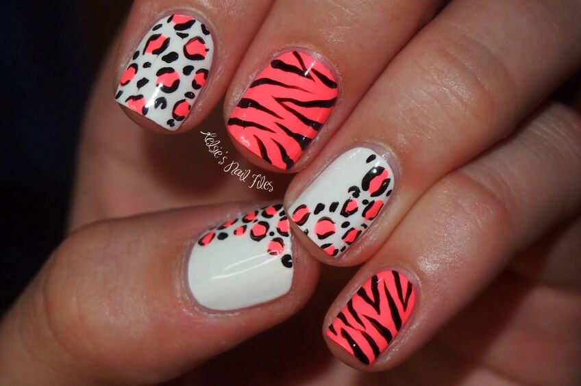 Neon pink tiger and leopard print nails