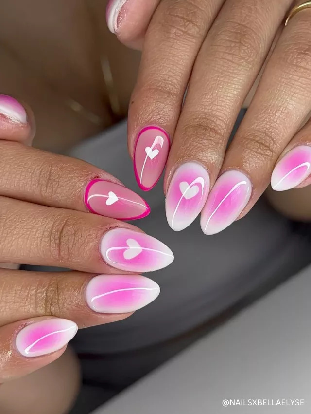 Ombre pink and white heart nails