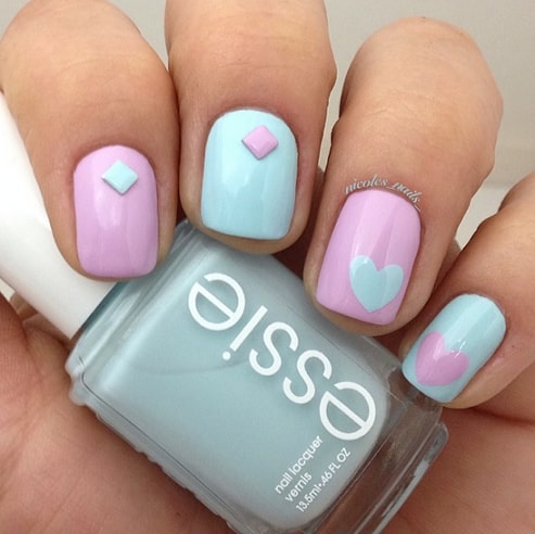 Pastel pink and blue heart nails