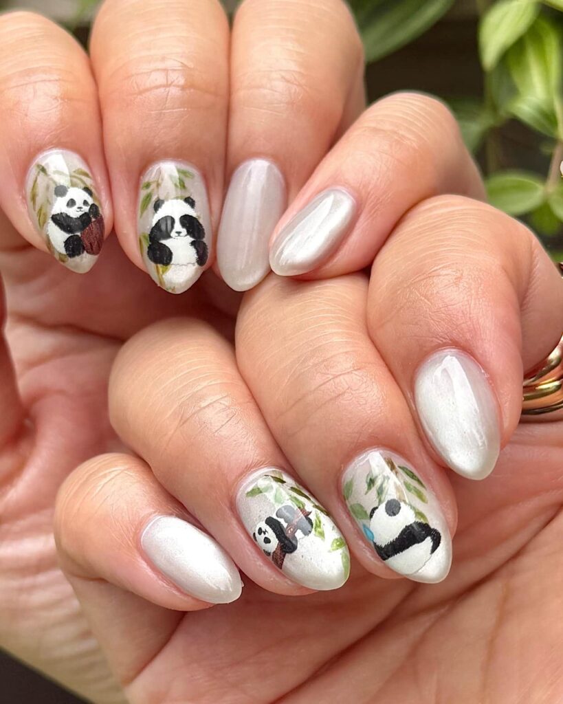 Pearl nails with cute panda