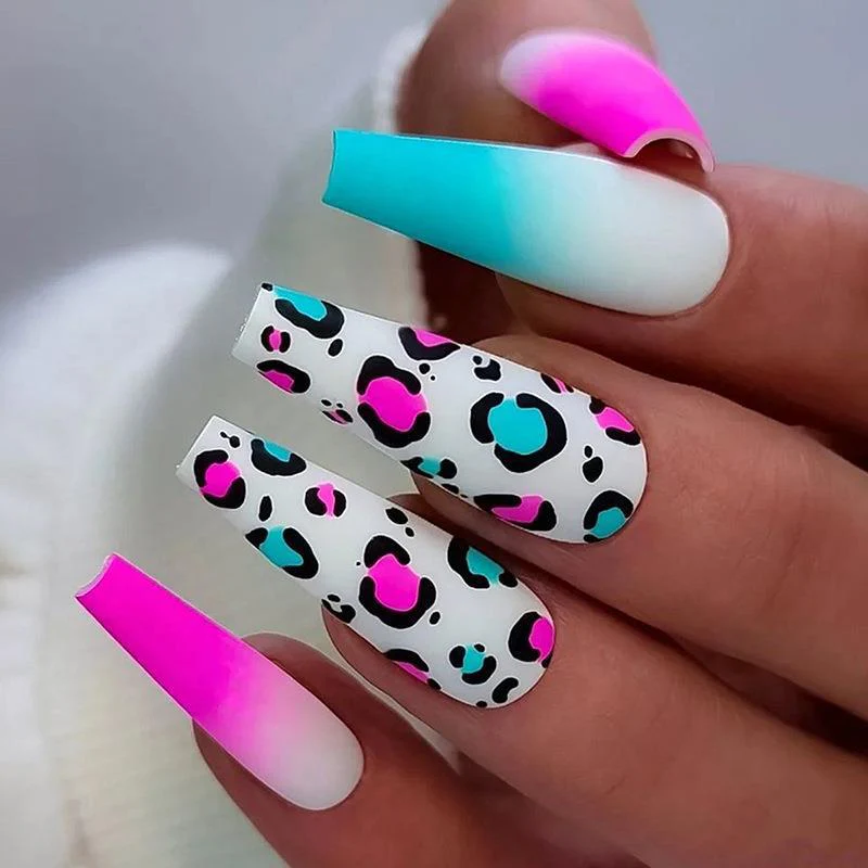 Pink and blue coffin nails with gradient and leopard print