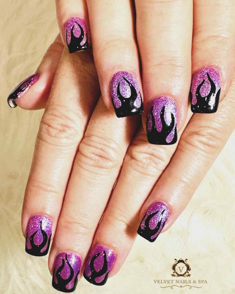 Pink and purple glitter heart nails