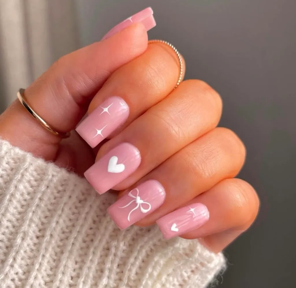 Pink coffin nails with white hearts