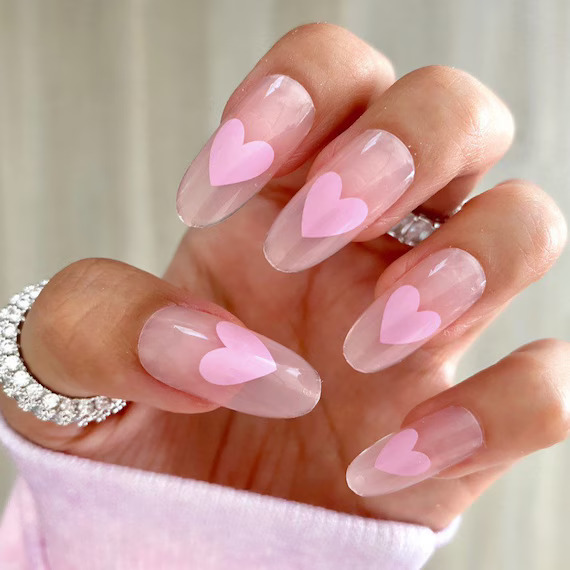 Pink heart clear oval nails