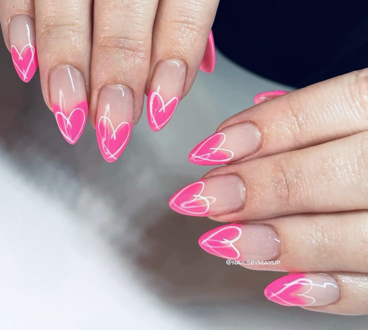 Pink heart outline french tips