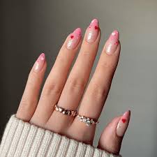 Pink ombre almond nails with hearts