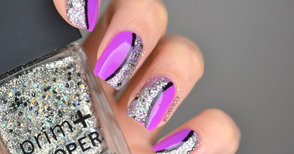 Purple nail art with a silver glitter half-moon design and thin black line