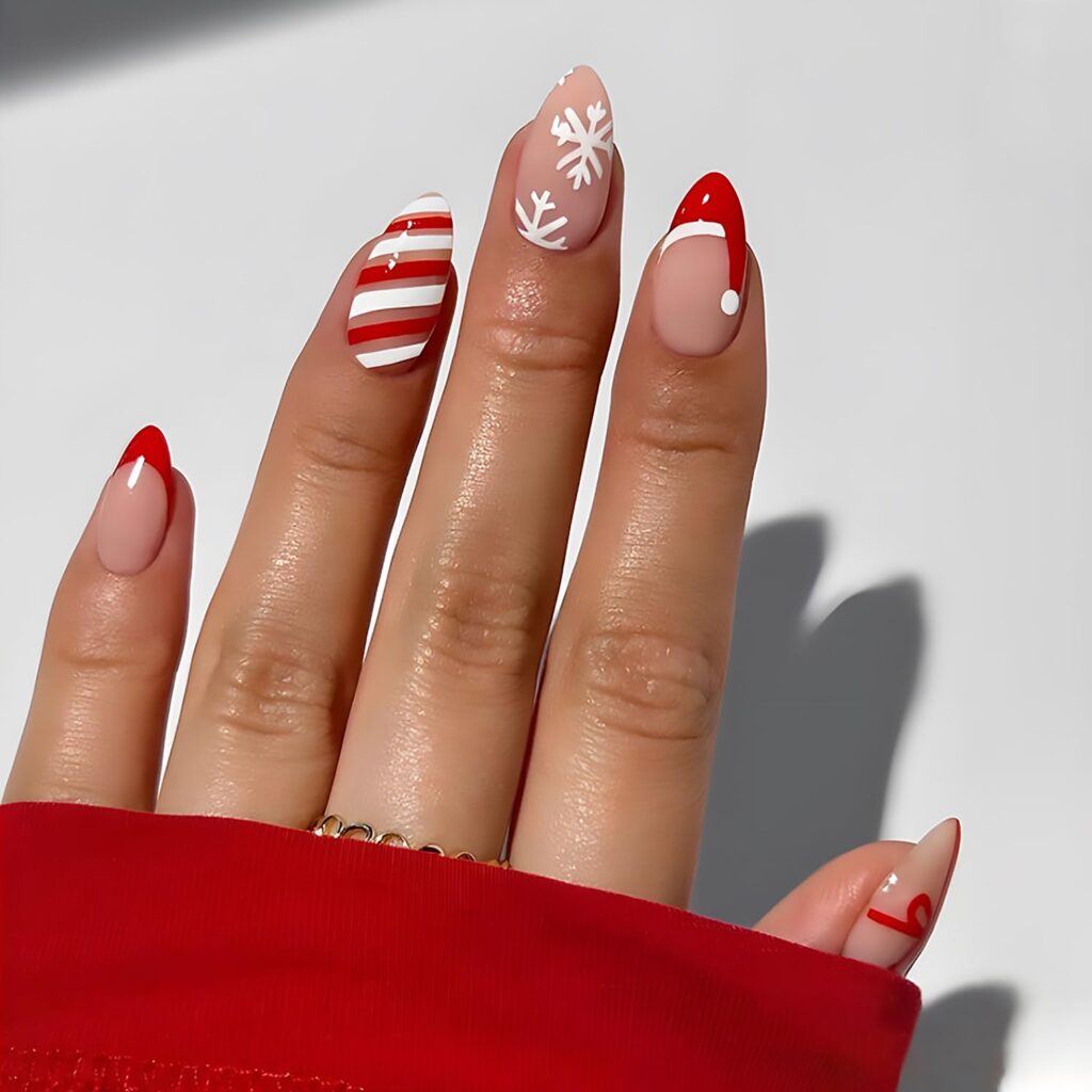 Red And White Christmas Almond Nails