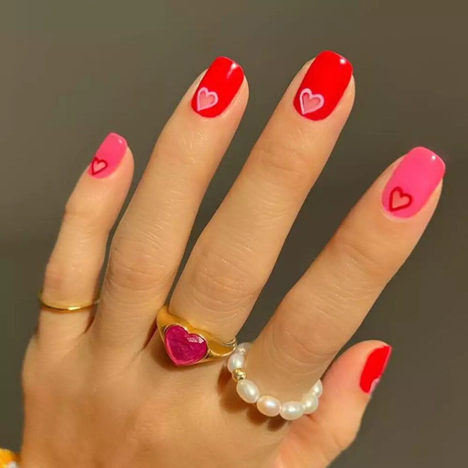 Red and pink heart nails