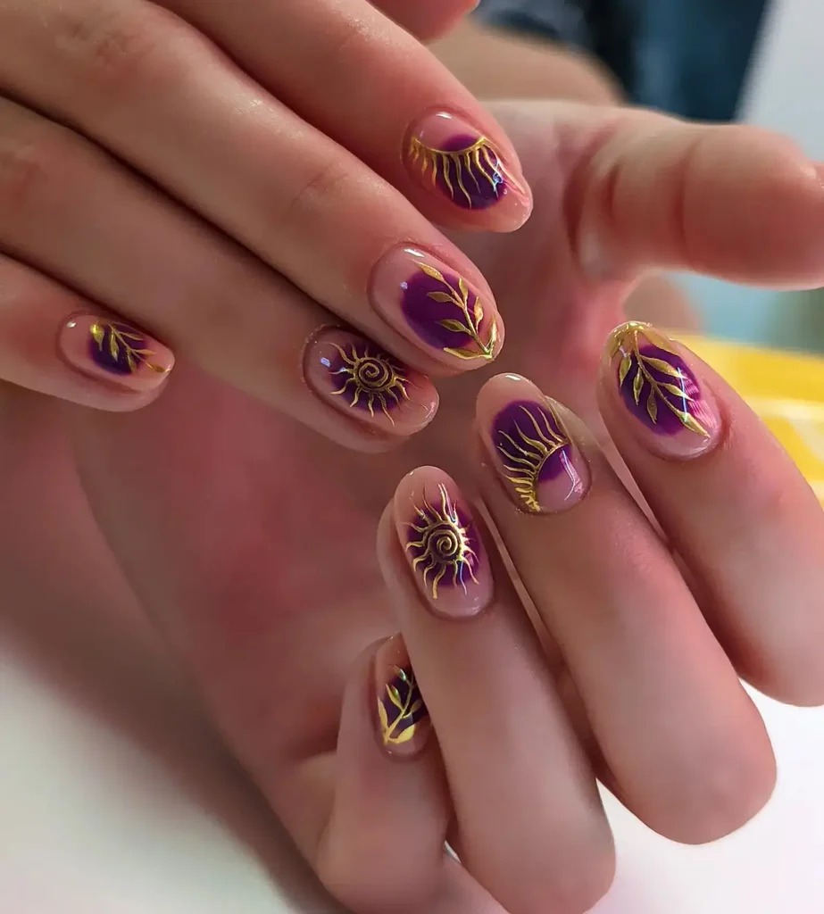 Sun Nail Design with purple and yellow nail color