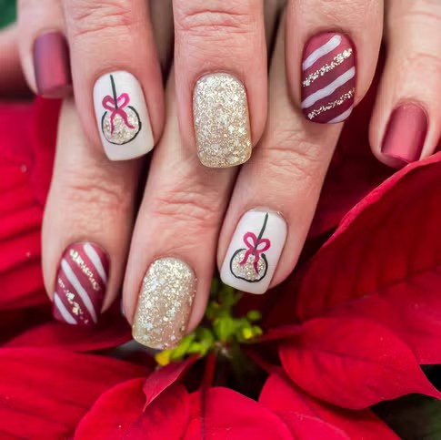 christmas nail art idea with baubles and bling