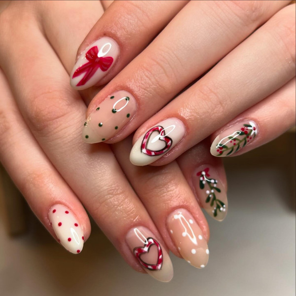 Polka dot and bow christmas nail art