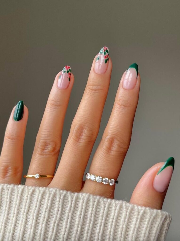 cute Christmas nails with red and green holly nail art