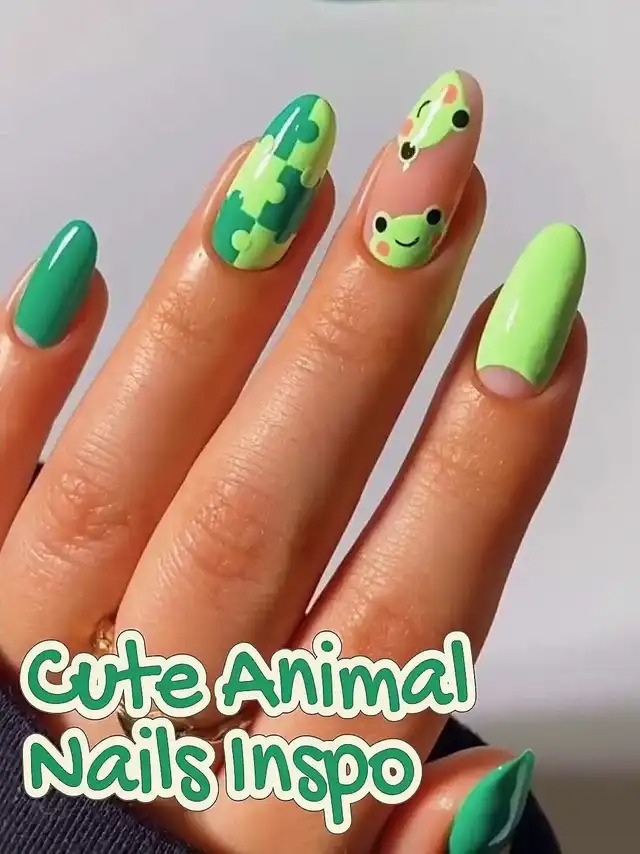 elegant green frog nails with puzzle print