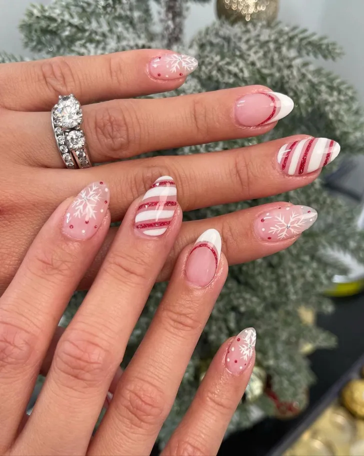 cute Christmas manicure with snowflake designs