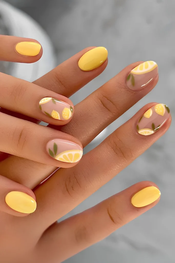 lemon yellow nails with lemon slices