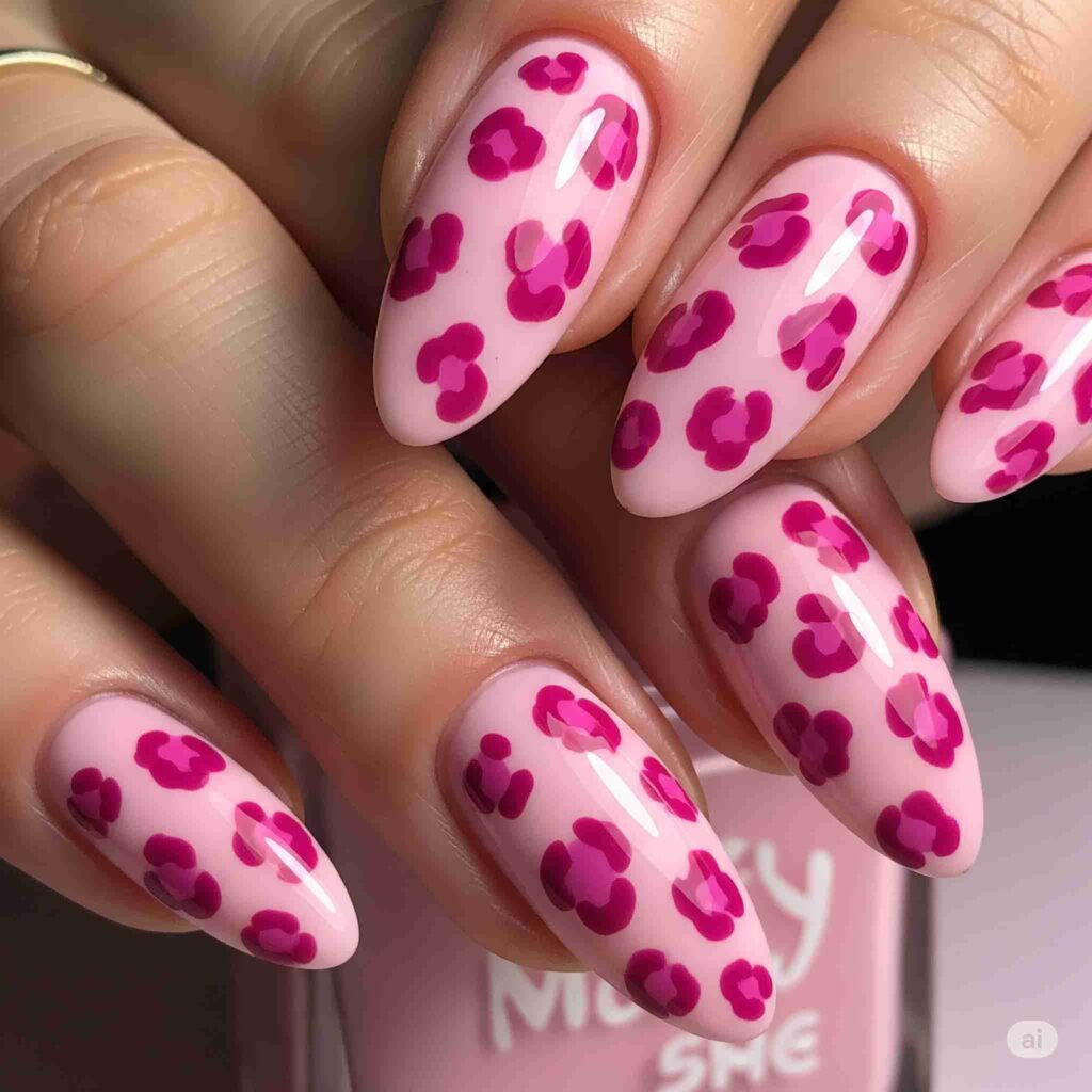 light pink nails with darker pink leopard spots