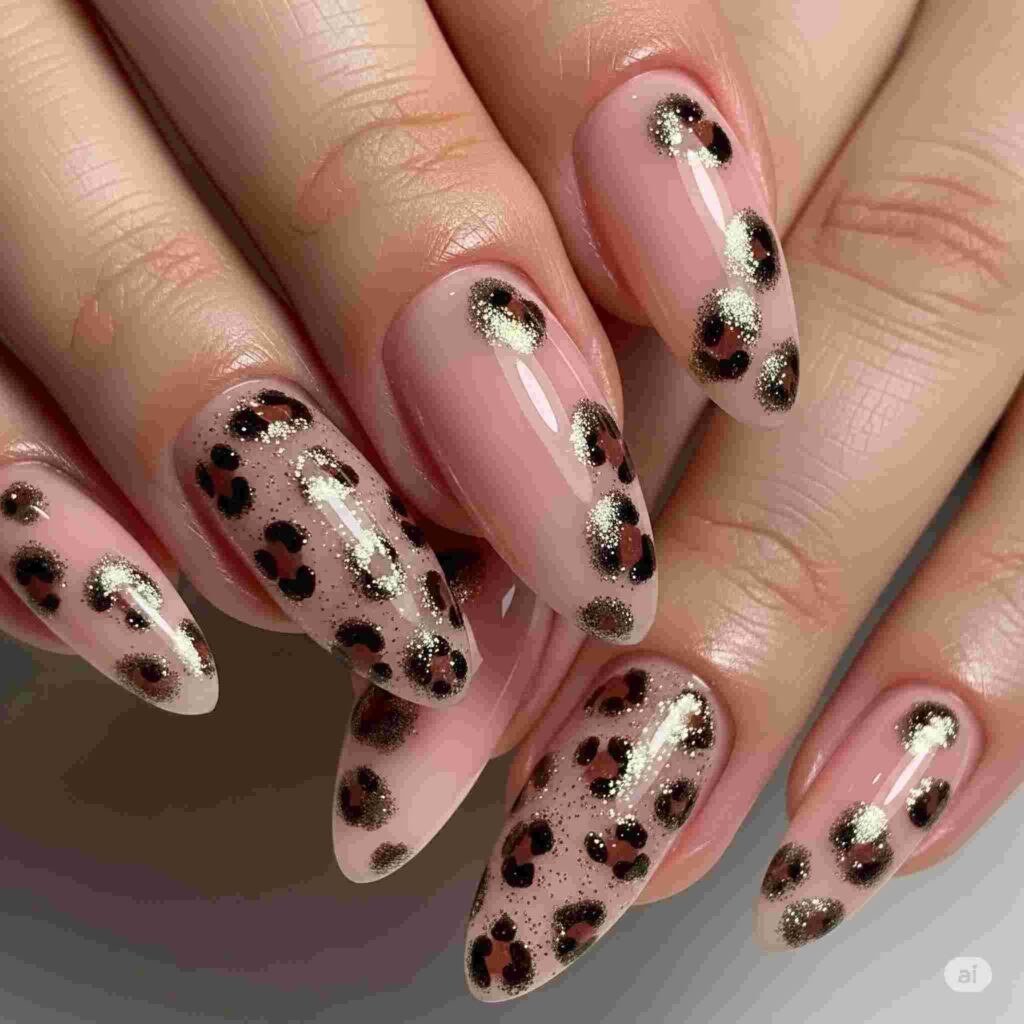 light pink nails with glitter brown leopard spots