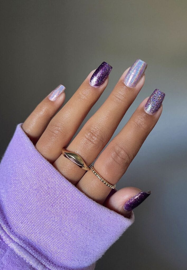 long purple and silver holographic glitter nails