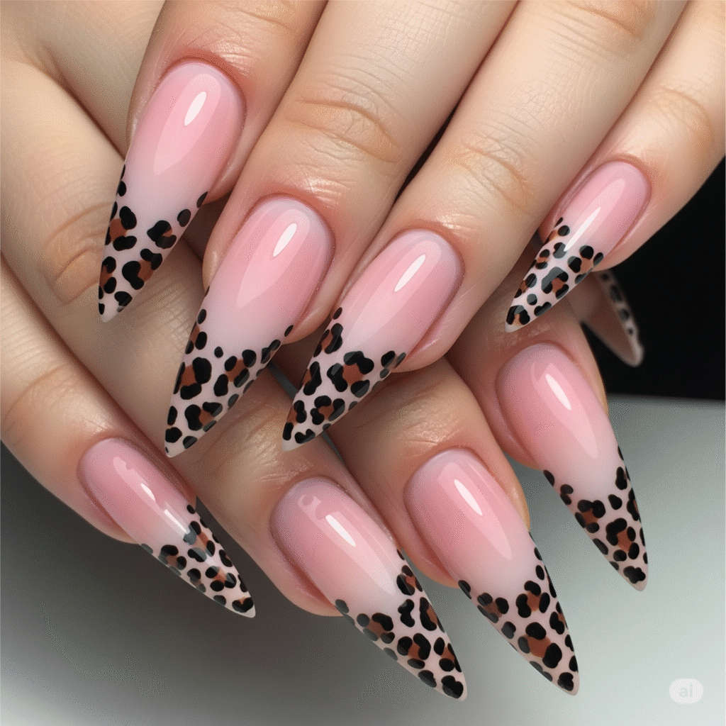 long stiletto nails with a pink gradient and leopard print tips