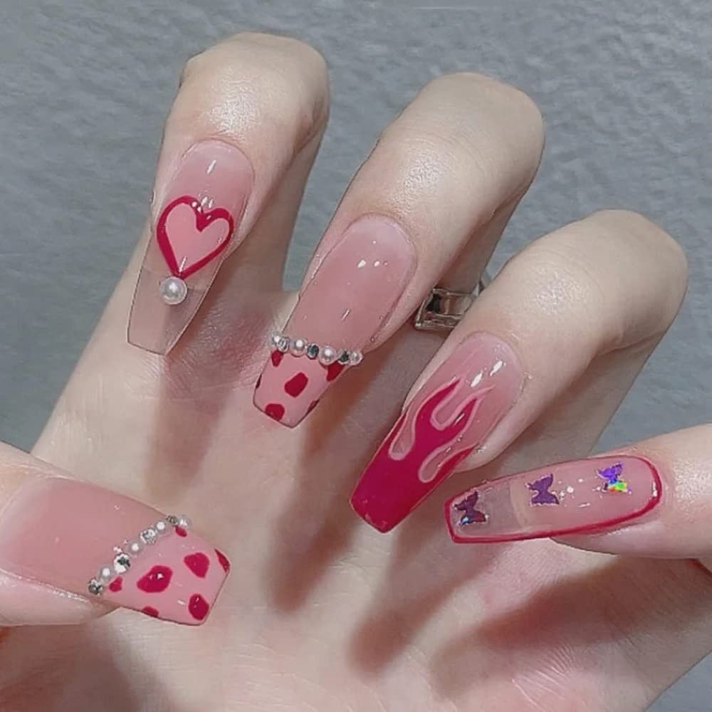 pink heart and flame nail art