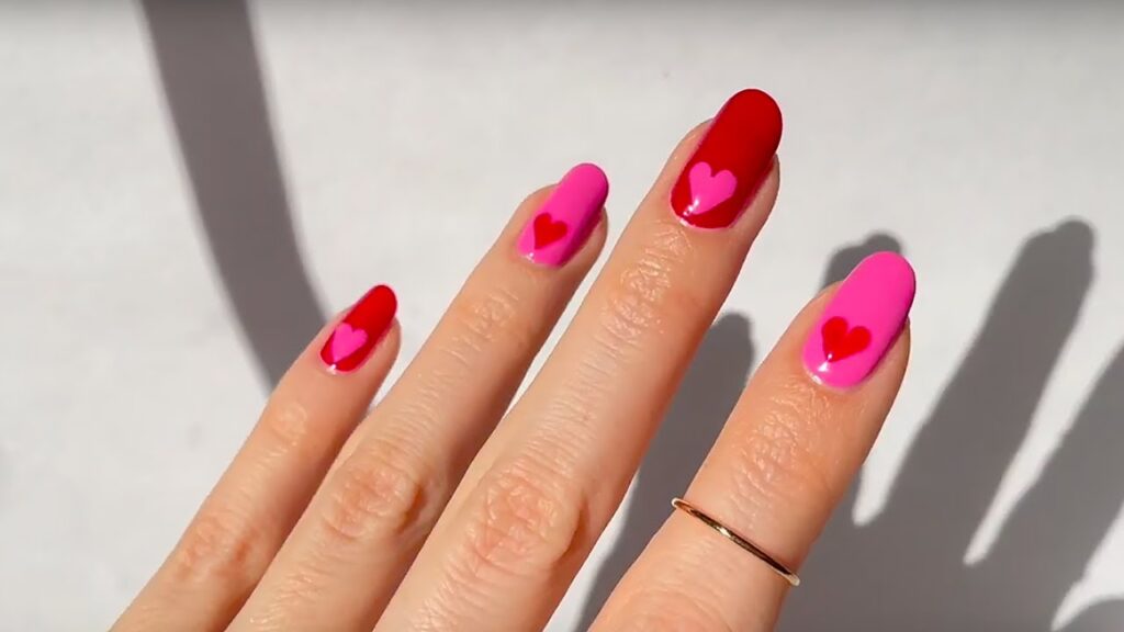 red and pink heart nails