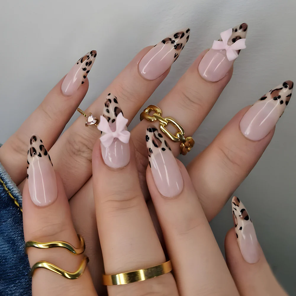 stiletto leopard print nails with bows