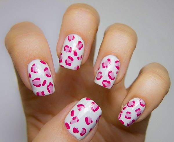 white nails with pink leopard print