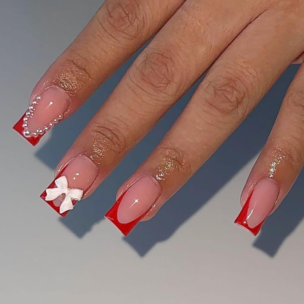 Cute Square French Tip Red Nails with Bow Pearls Designs
