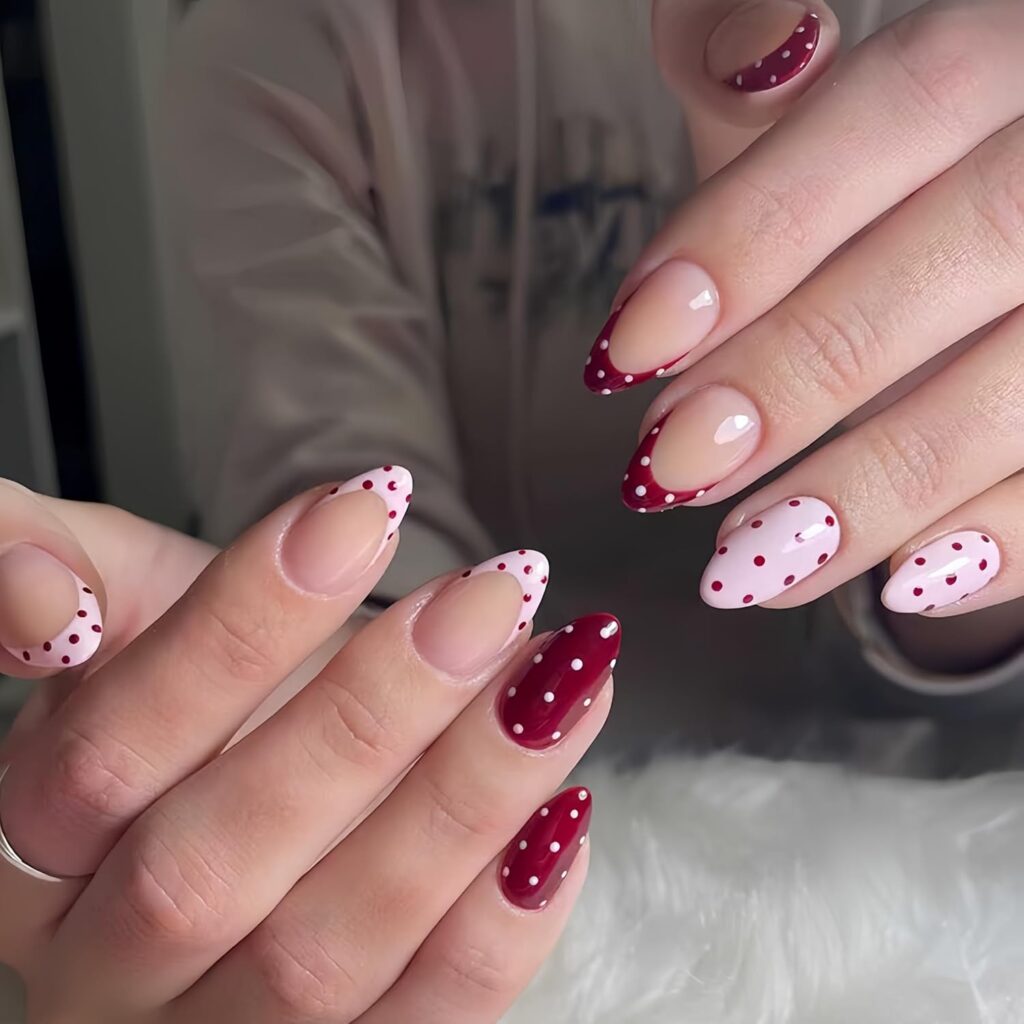 Red And light pink polka dot nails