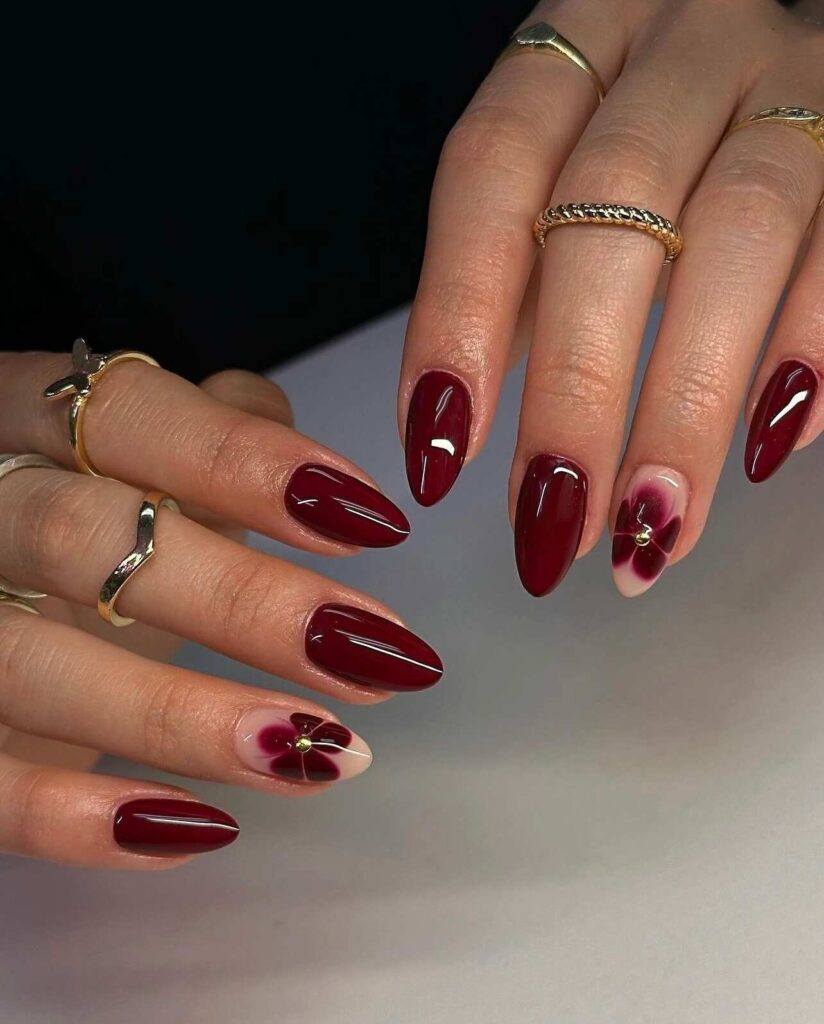 dark red burgundy flower nail art
