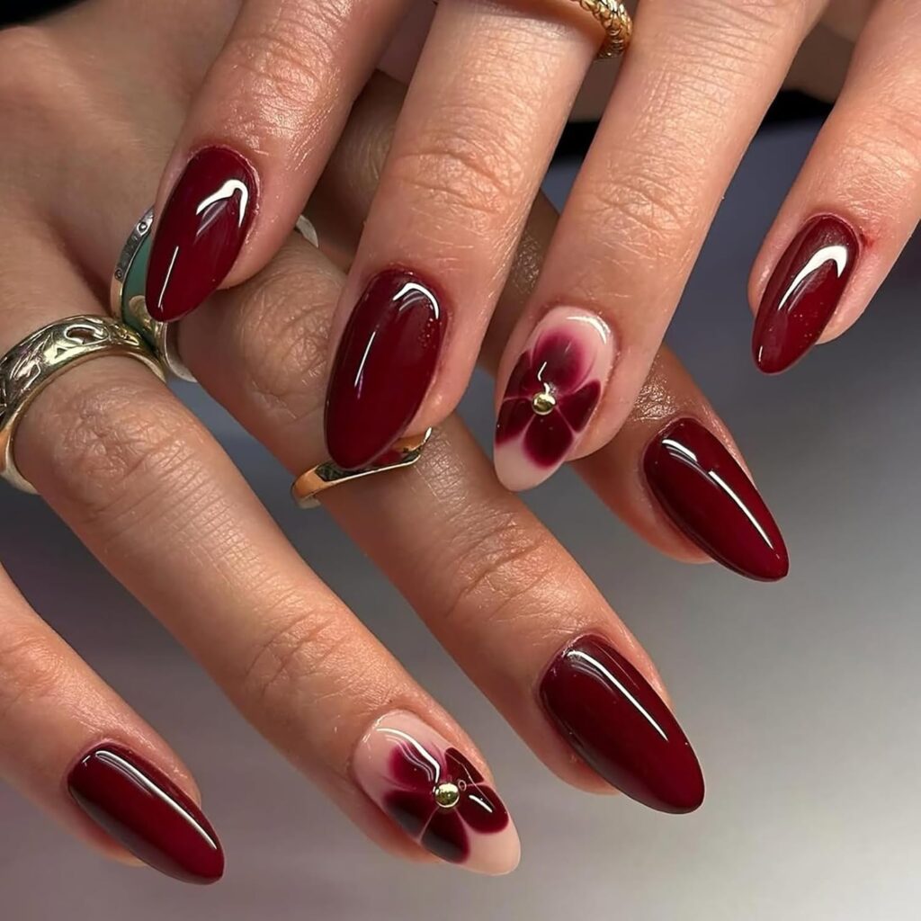 dark red flower nail art