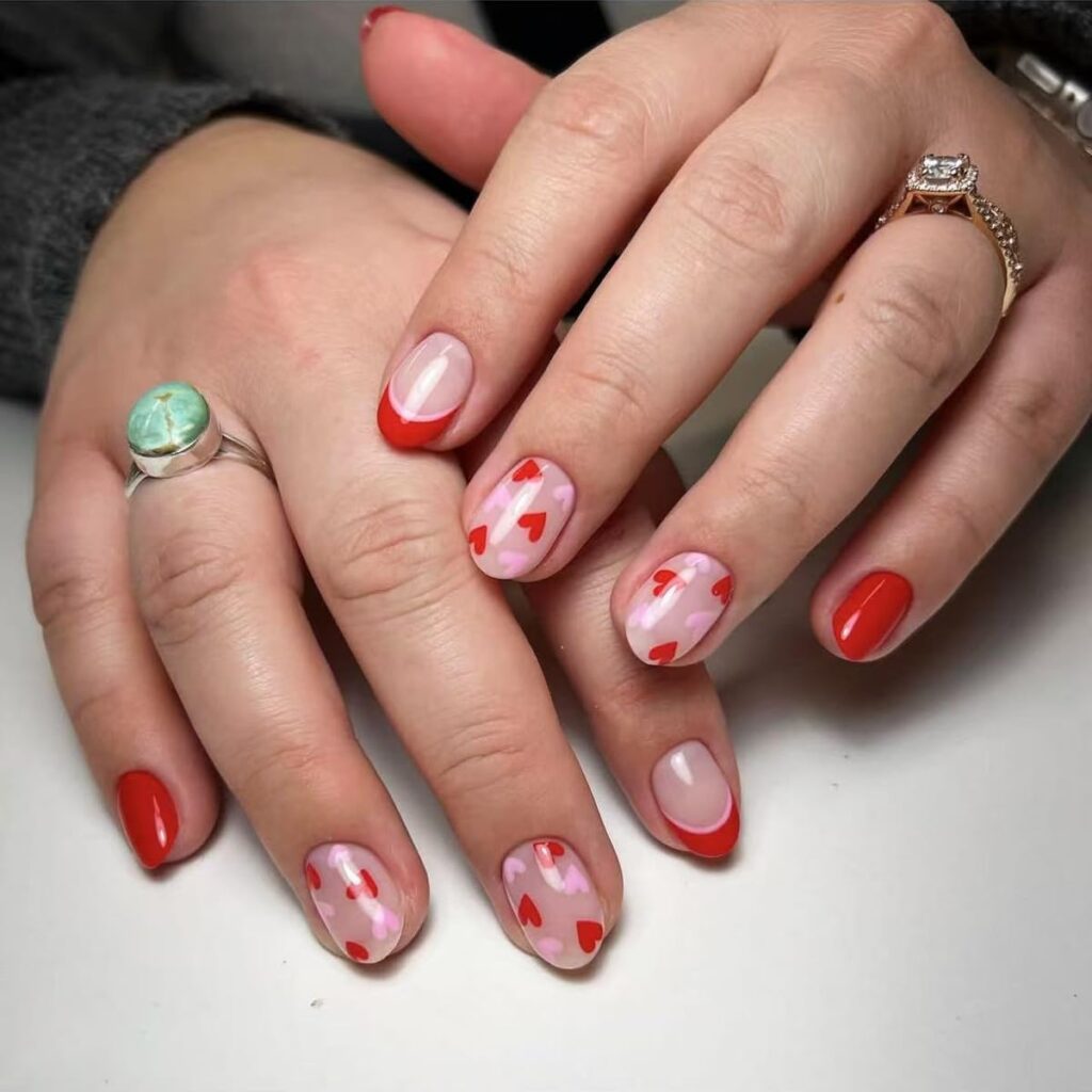 red and pink hearts on short nails