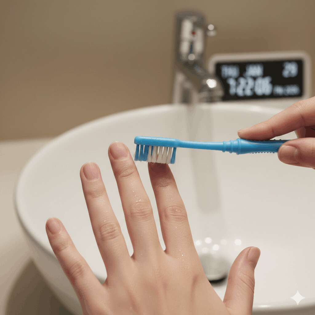 rubbing nails with toothbrush