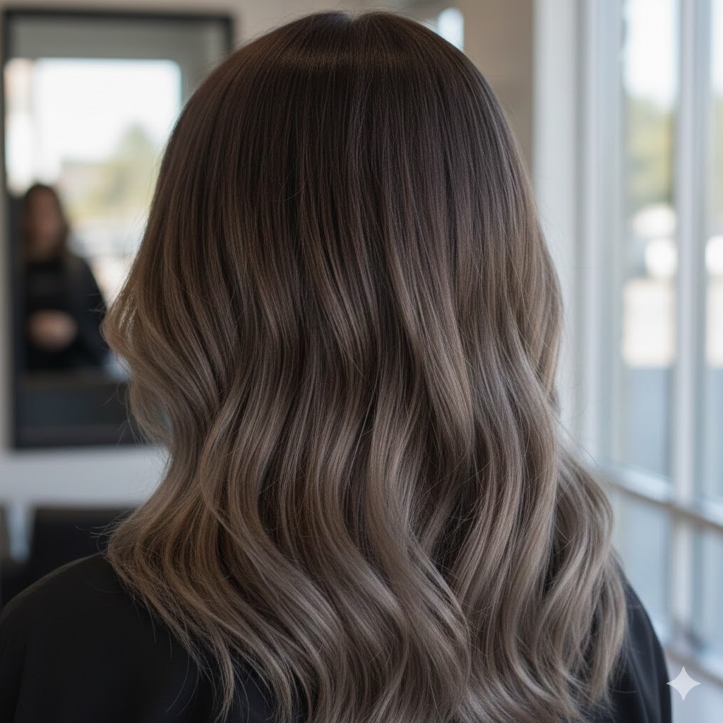 Dark brown hair roots blending into smoldering ash brown tones