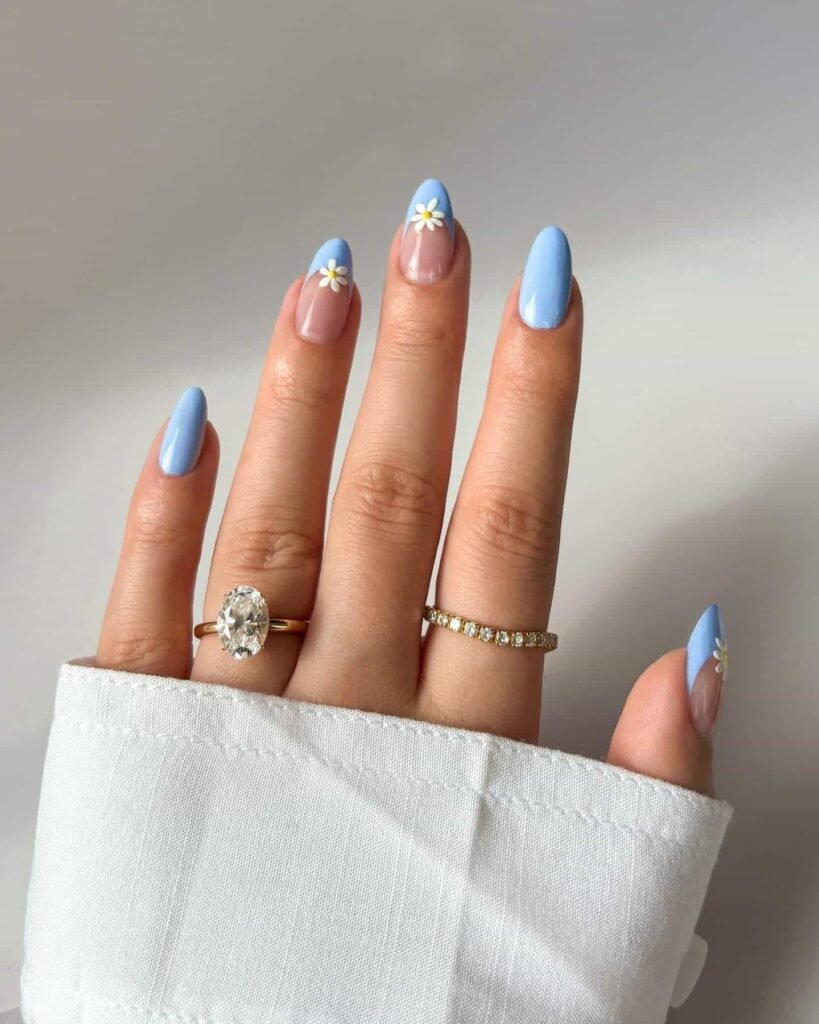 dainty floral nails in light blue color