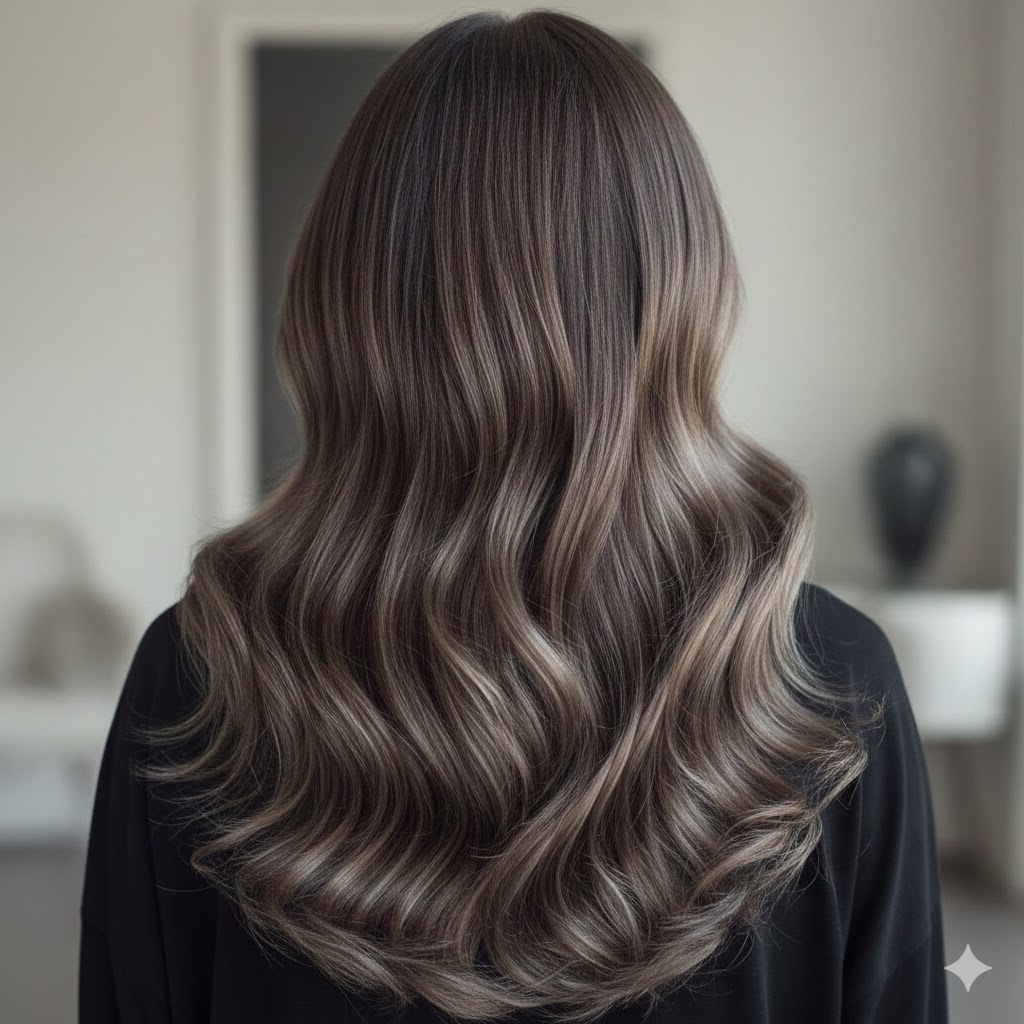 sleek, smoky brown long wavy hair with soft, ashy undertones