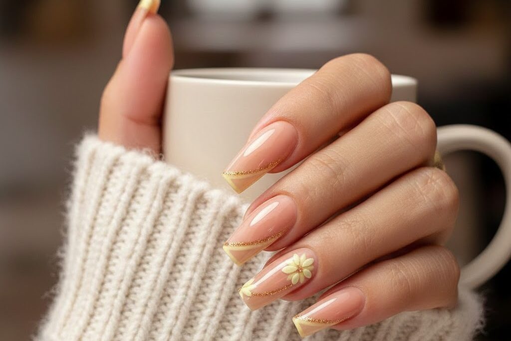 yellow floral nail design for spring 