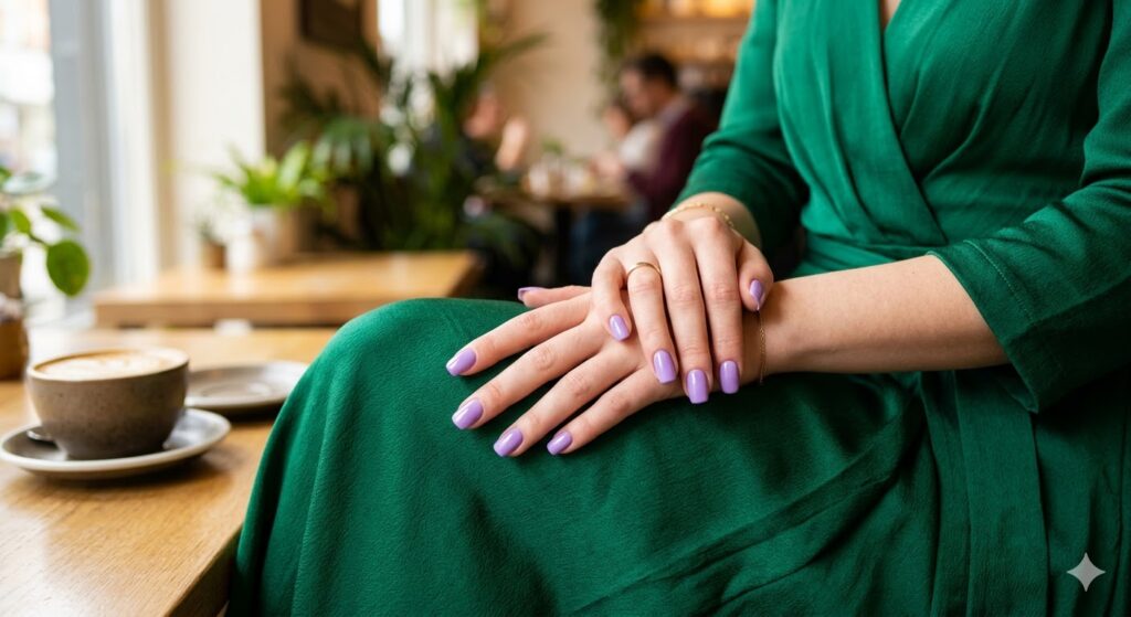 Lavender nails with emerald green dress