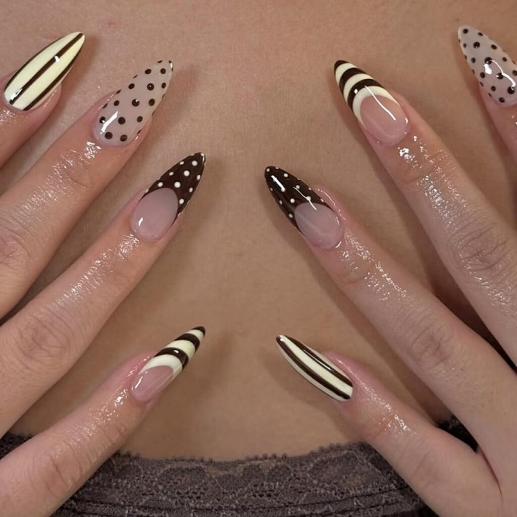 Medium Almond Press on Nails, Black & White French Tip with Polka Dots and Stripes