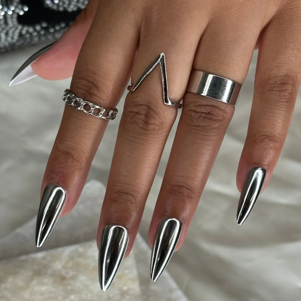 Silver Chrome long stiletto nails