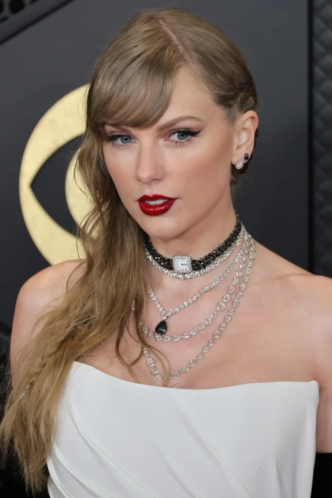 Taylor Swift cool ash blonde hair color close up