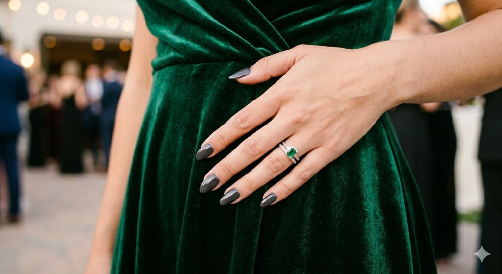 dark grey nail polish with emerald green dress