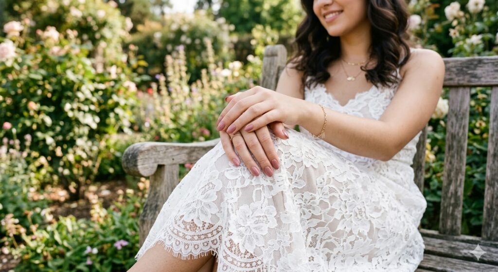 dusty rose nails with a white dress